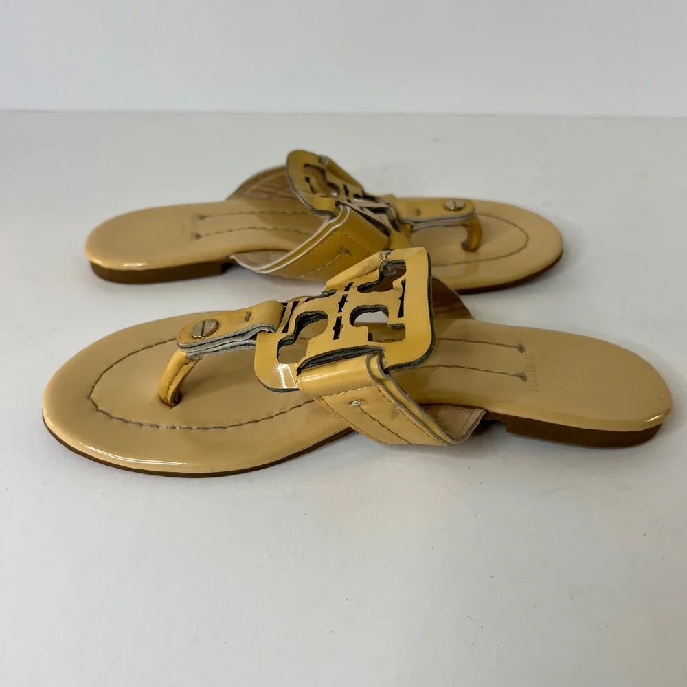 Tory Burch Miller Nappa‎ Patent Leather Logo Thong Sandals Flats Honeycomb 38